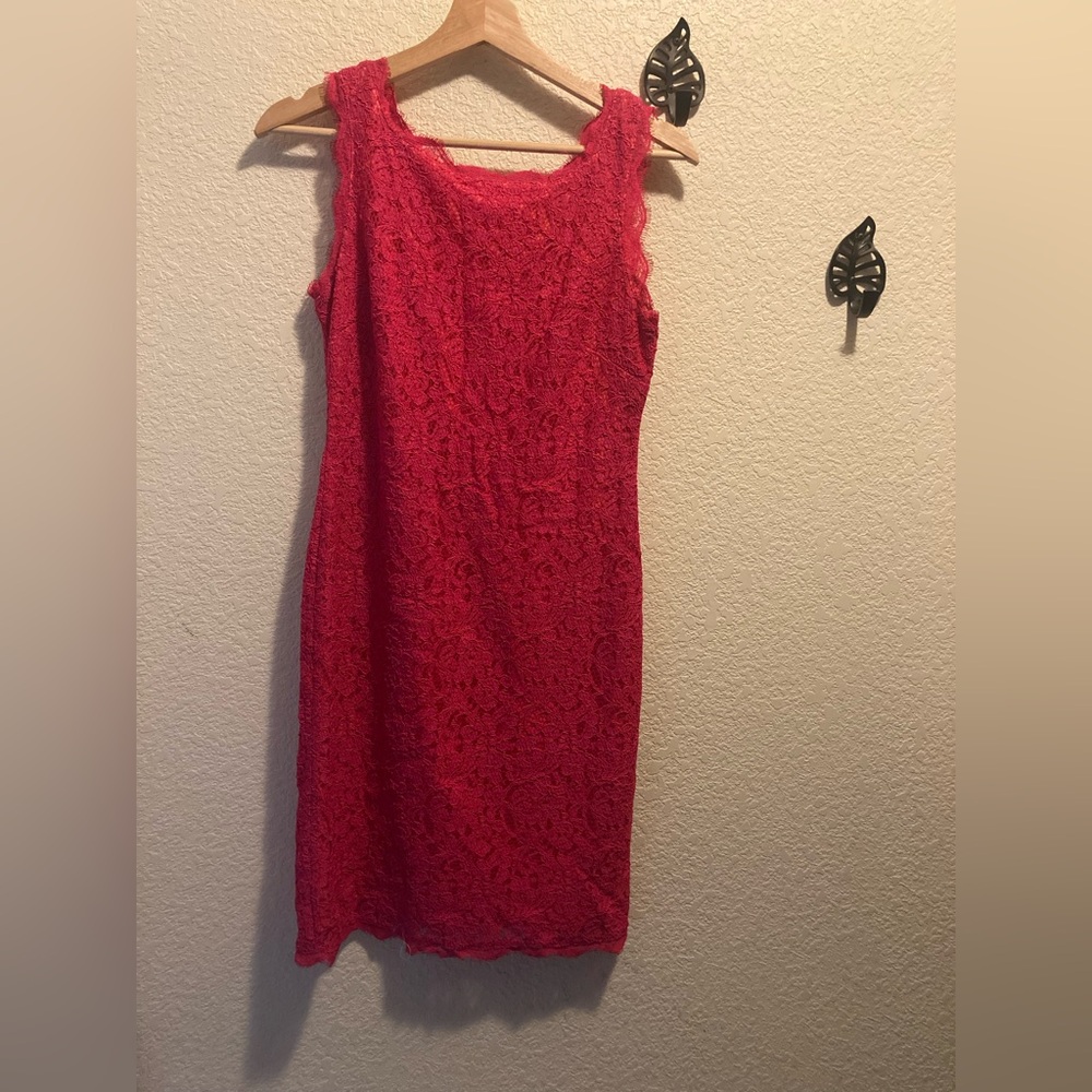 Adrianna Papell Coral Mini Dress with Hot Pink Lace Overlay